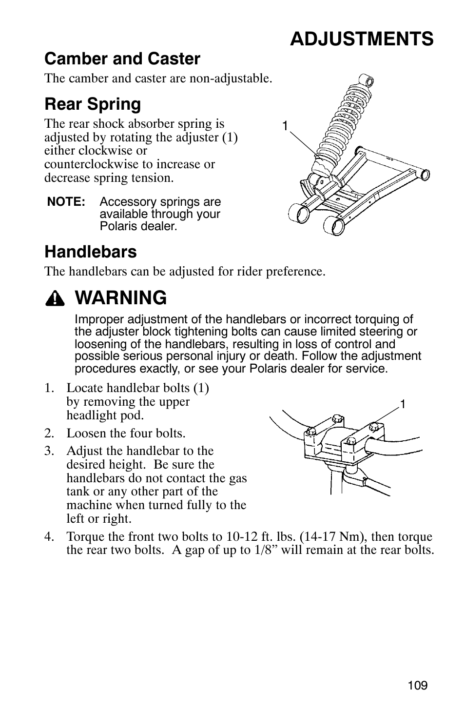 Adjustments, Warning, Camber and caster | Rear spring, Handlebars | Polaris 9919412 User Manual | Page 112 / 135