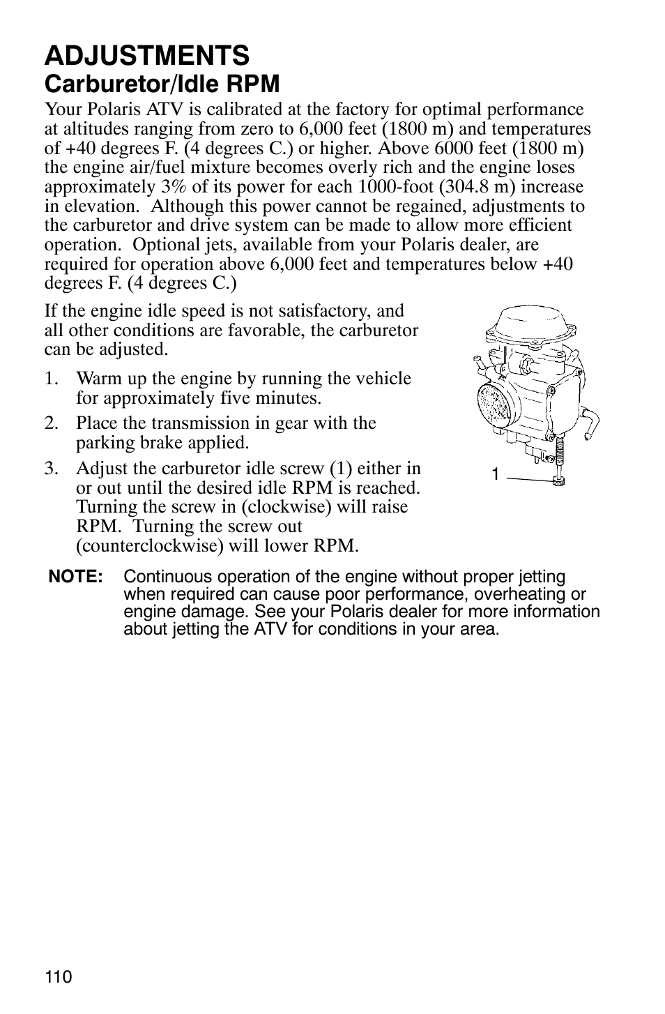 Adjustments, Carburetor/idle rpm | Polaris 9919412 User Manual | Page 113 / 135