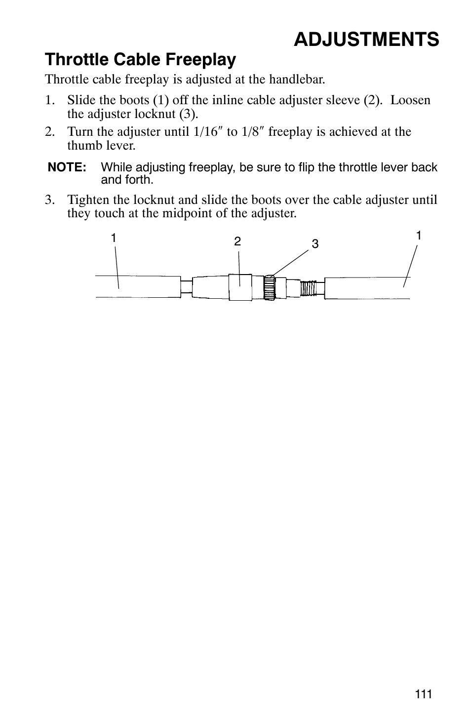 Adjustments, Throttle cable freeplay | Polaris 9919412 User Manual | Page 114 / 135