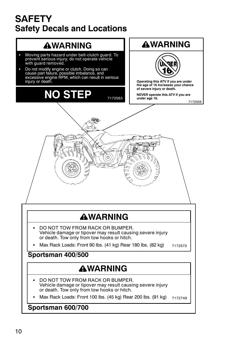 No step, Safety, Safety decals and locations | Warning | Polaris 9919412 User Manual | Page 13 / 135