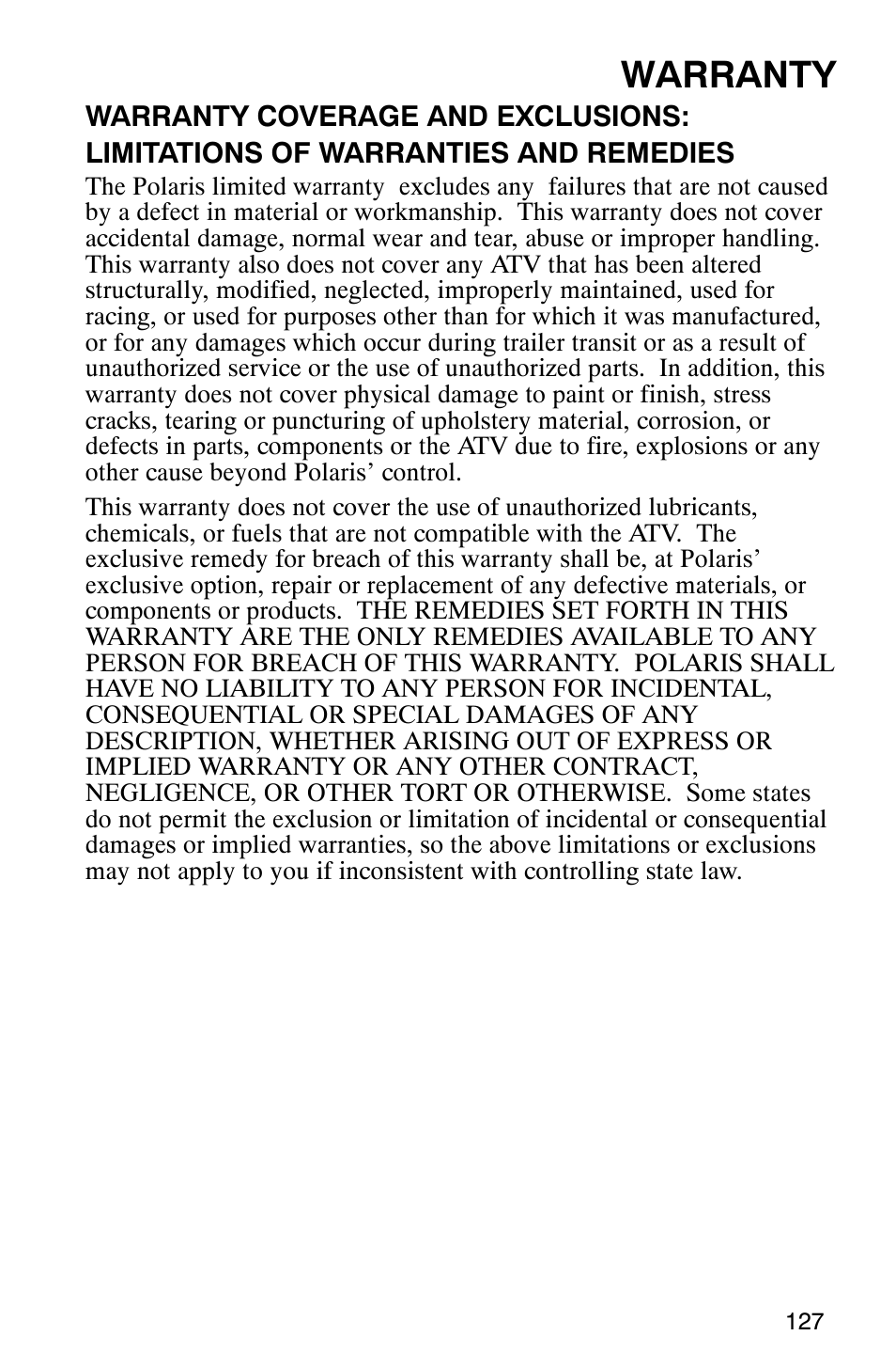 Warranty | Polaris 9919412 User Manual | Page 130 / 135