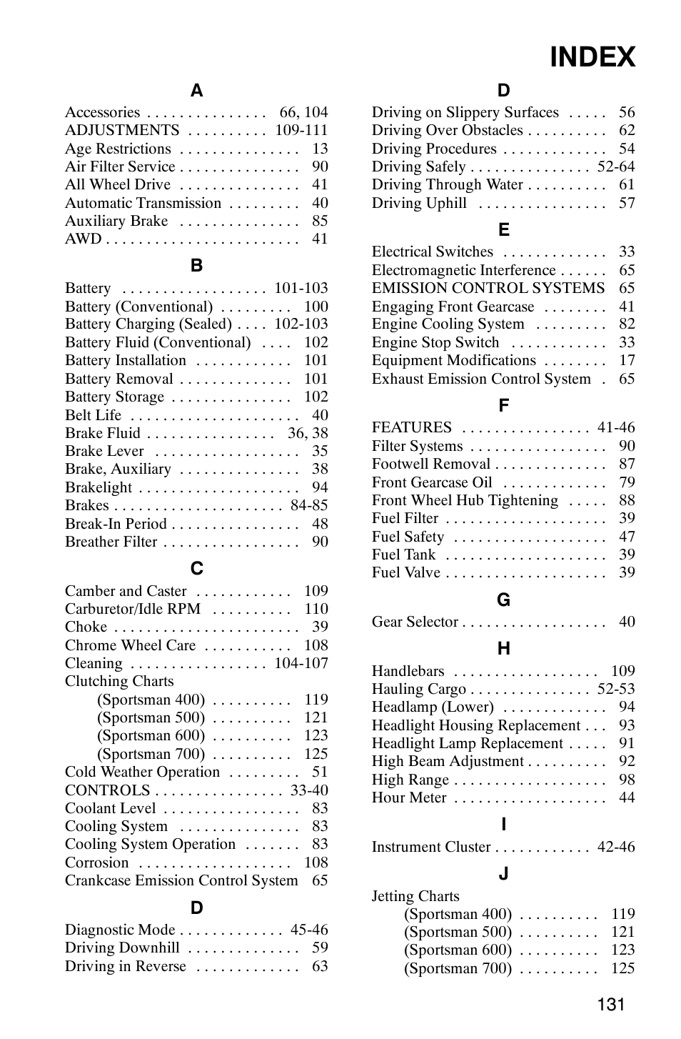 Index | Polaris 9919412 User Manual | Page 134 / 135