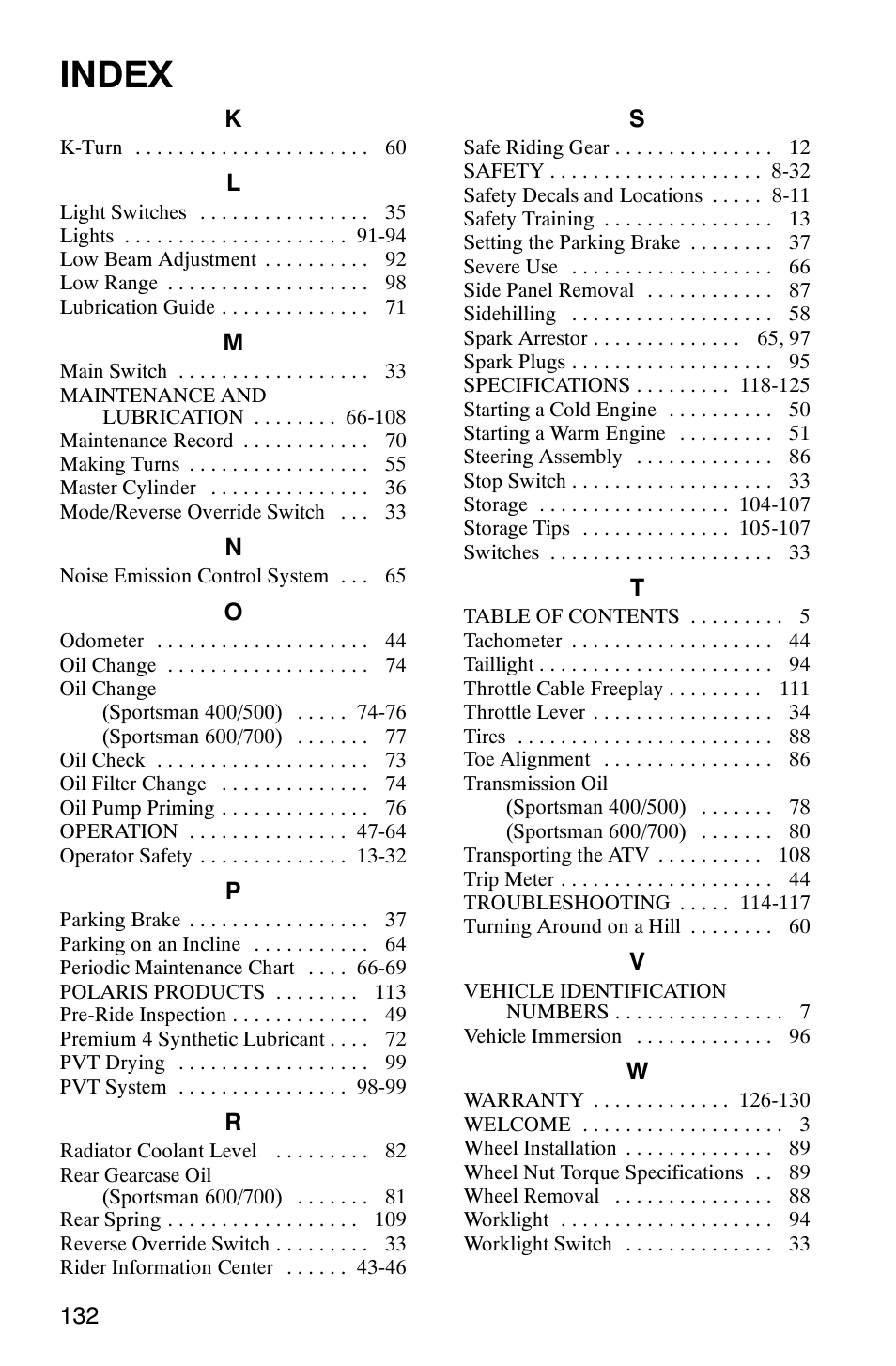 Index | Polaris 9919412 User Manual | Page 135 / 135
