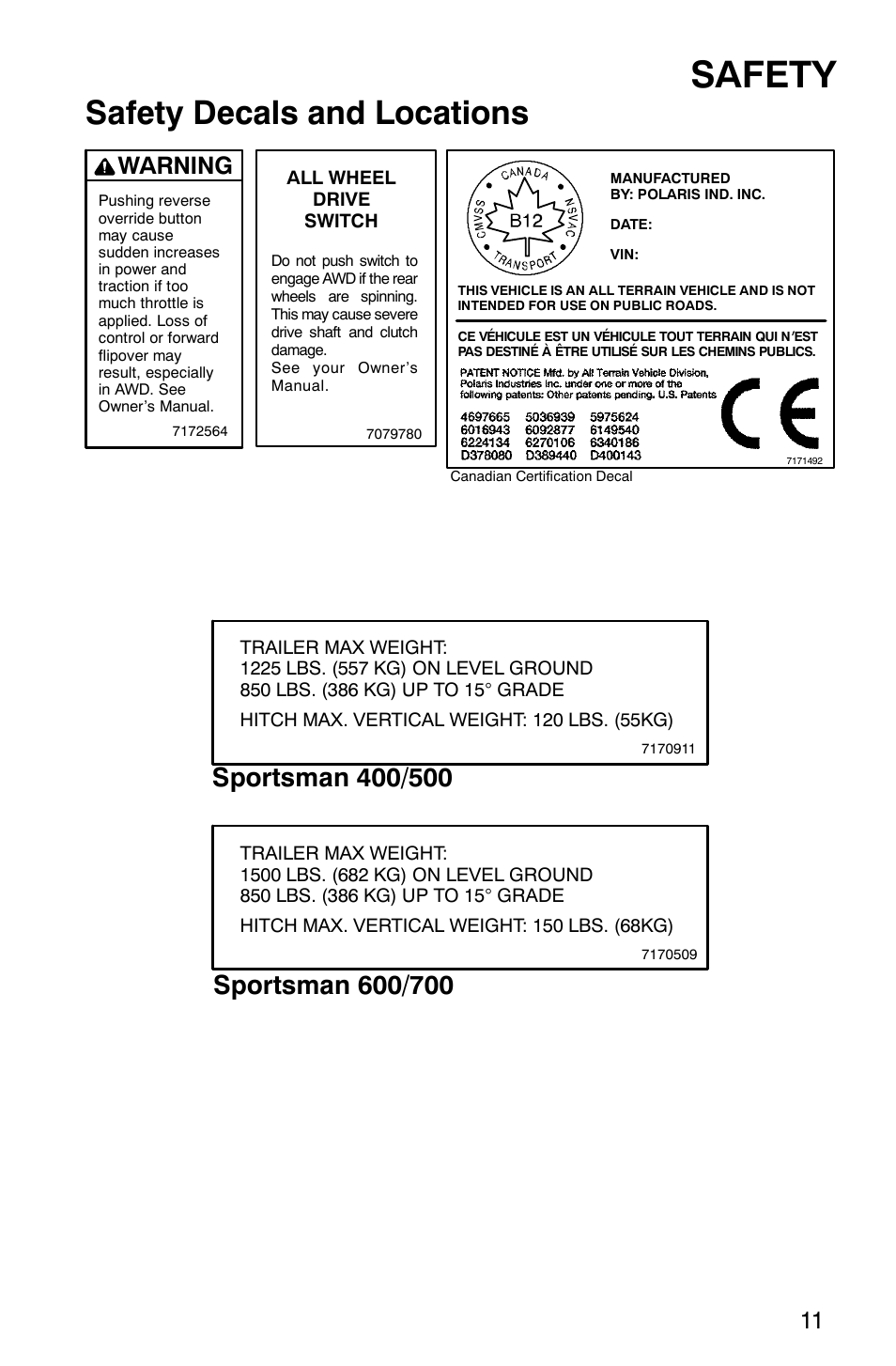 Safety, Safety decals and locations, Warning | Polaris 9919412 User Manual | Page 14 / 135