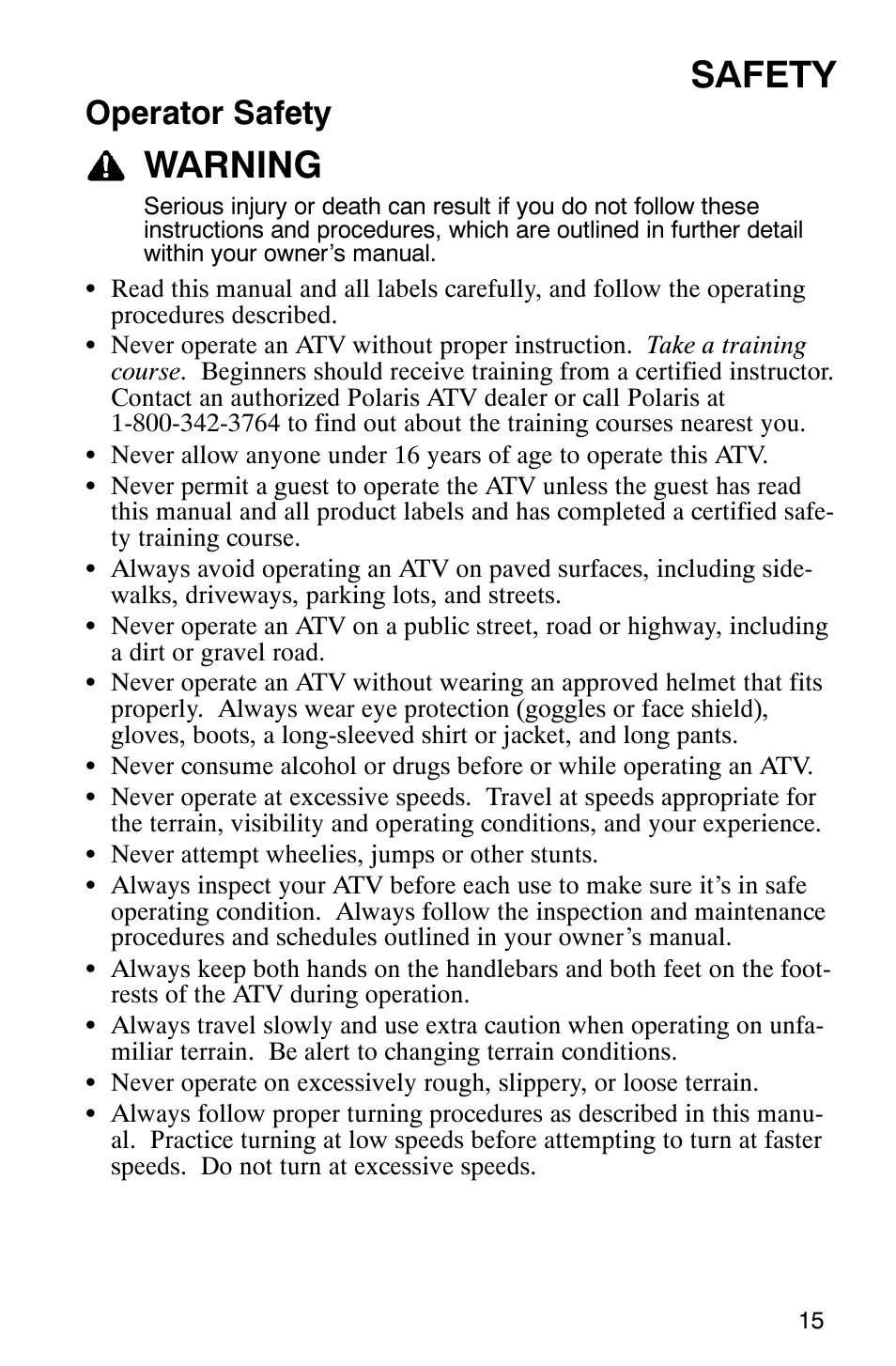 Safety, Warning, Operator safety | Polaris 9919412 User Manual | Page 18 / 135