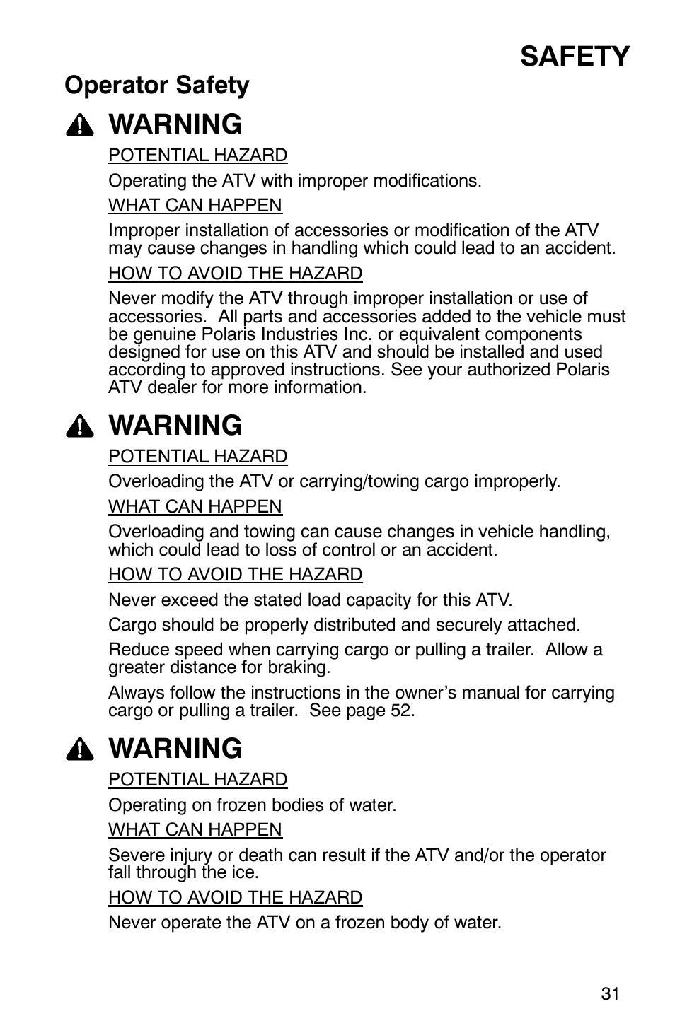 Safety, Warning, Operator safety | Polaris 9919412 User Manual | Page 34 / 135