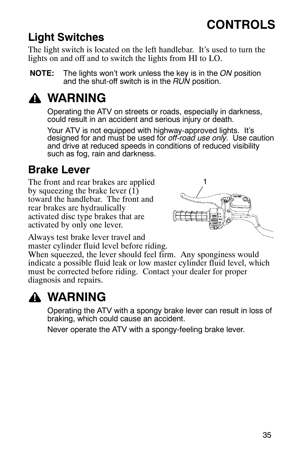 Controls, Warning, Light switches | Brake lever | Polaris 9919412 User Manual | Page 38 / 135