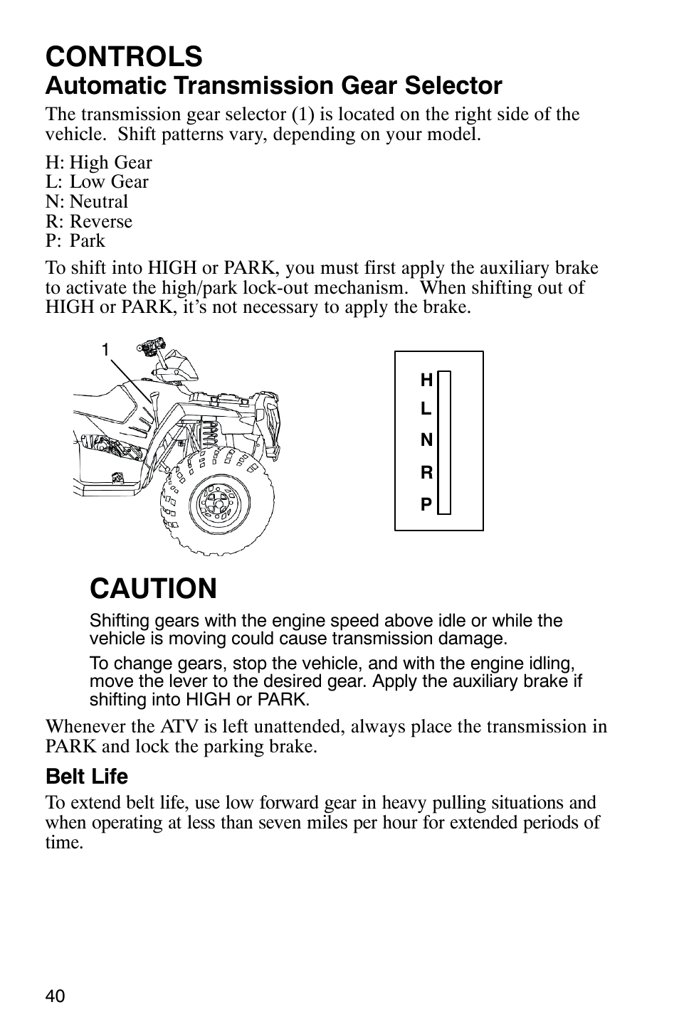 Controls, Caution, Automatic transmission gear selector | Polaris 9919412 User Manual | Page 43 / 135