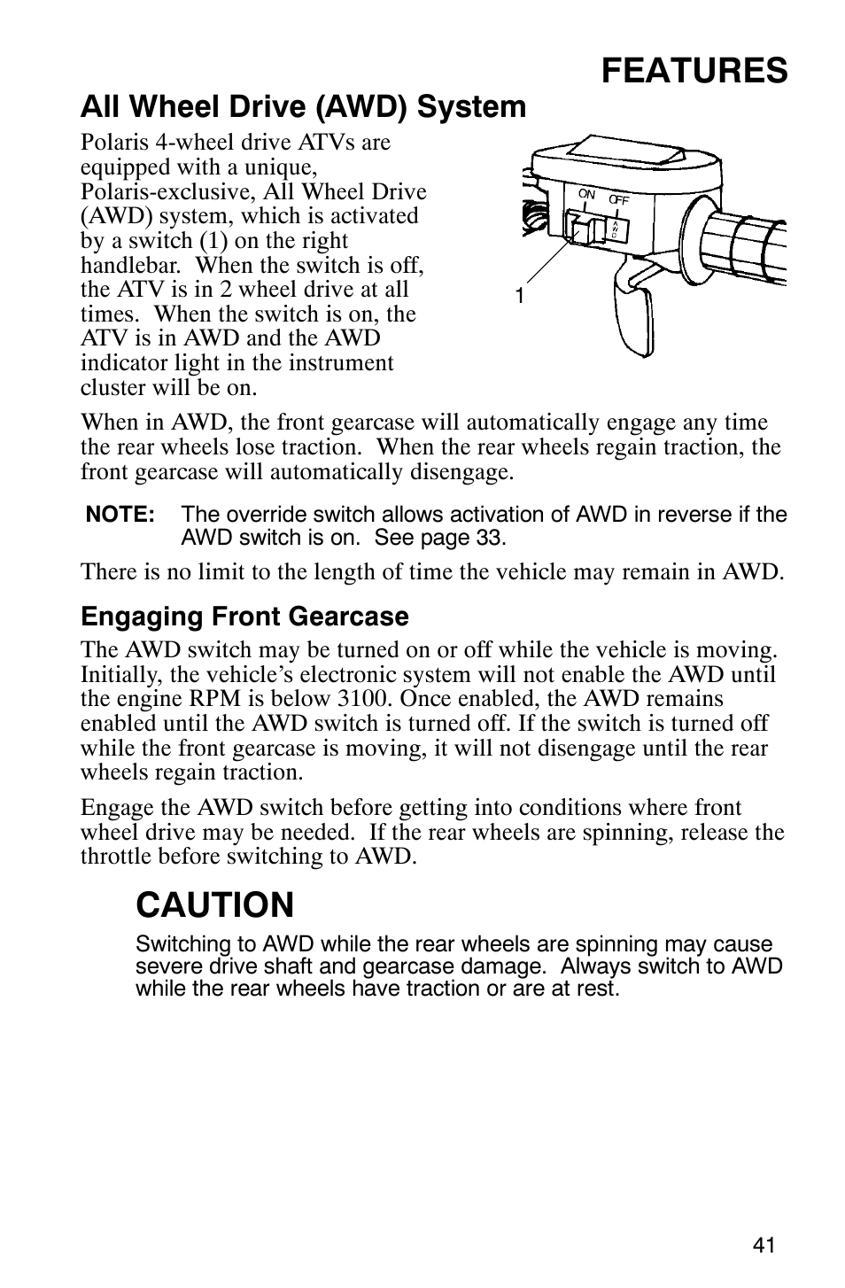 Features, Caution, All wheel drive (awd) system | Polaris 9919412 User Manual | Page 44 / 135