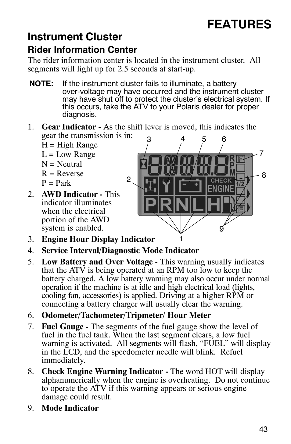 Features, Instrument cluster | Polaris 9919412 User Manual | Page 46 / 135
