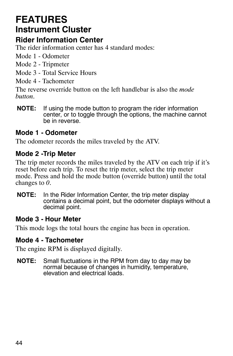 Features, Instrument cluster | Polaris 9919412 User Manual | Page 47 / 135