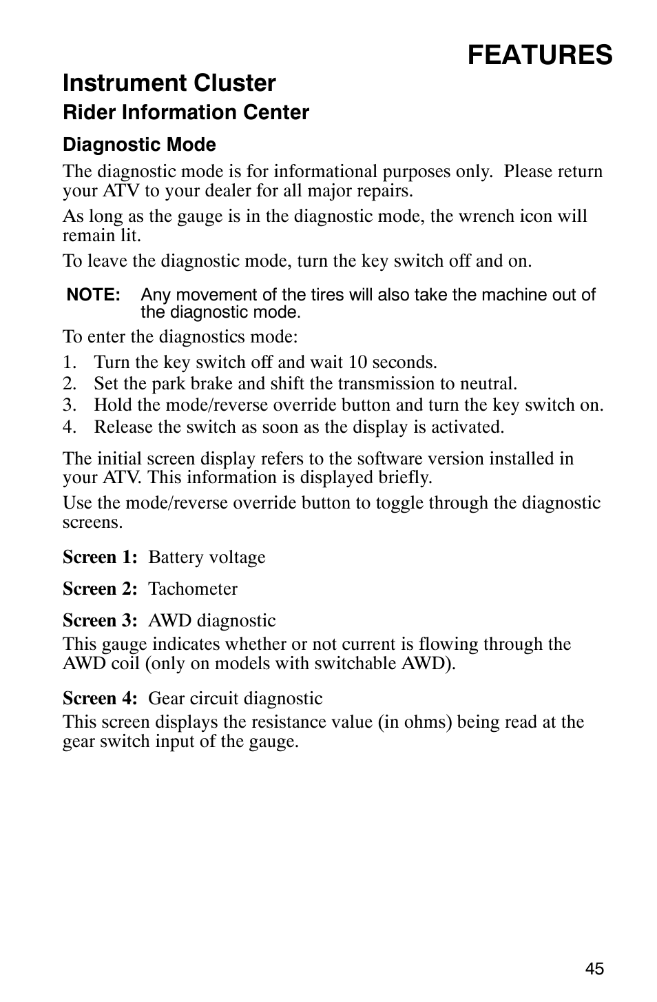 Features, Instrument cluster | Polaris 9919412 User Manual | Page 48 / 135