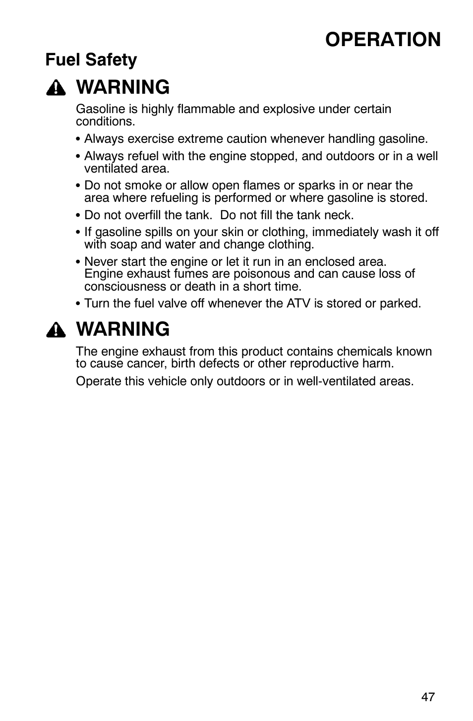 Operation, Warning, Fuel safety | Polaris 9919412 User Manual | Page 50 / 135