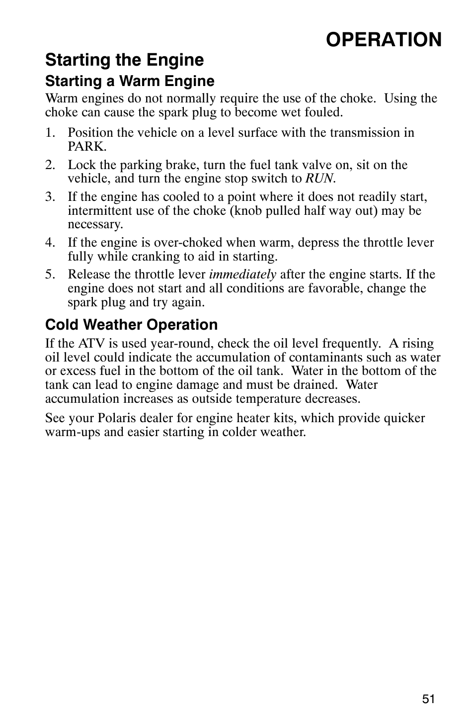 Operation, Starting the engine | Polaris 9919412 User Manual | Page 54 / 135