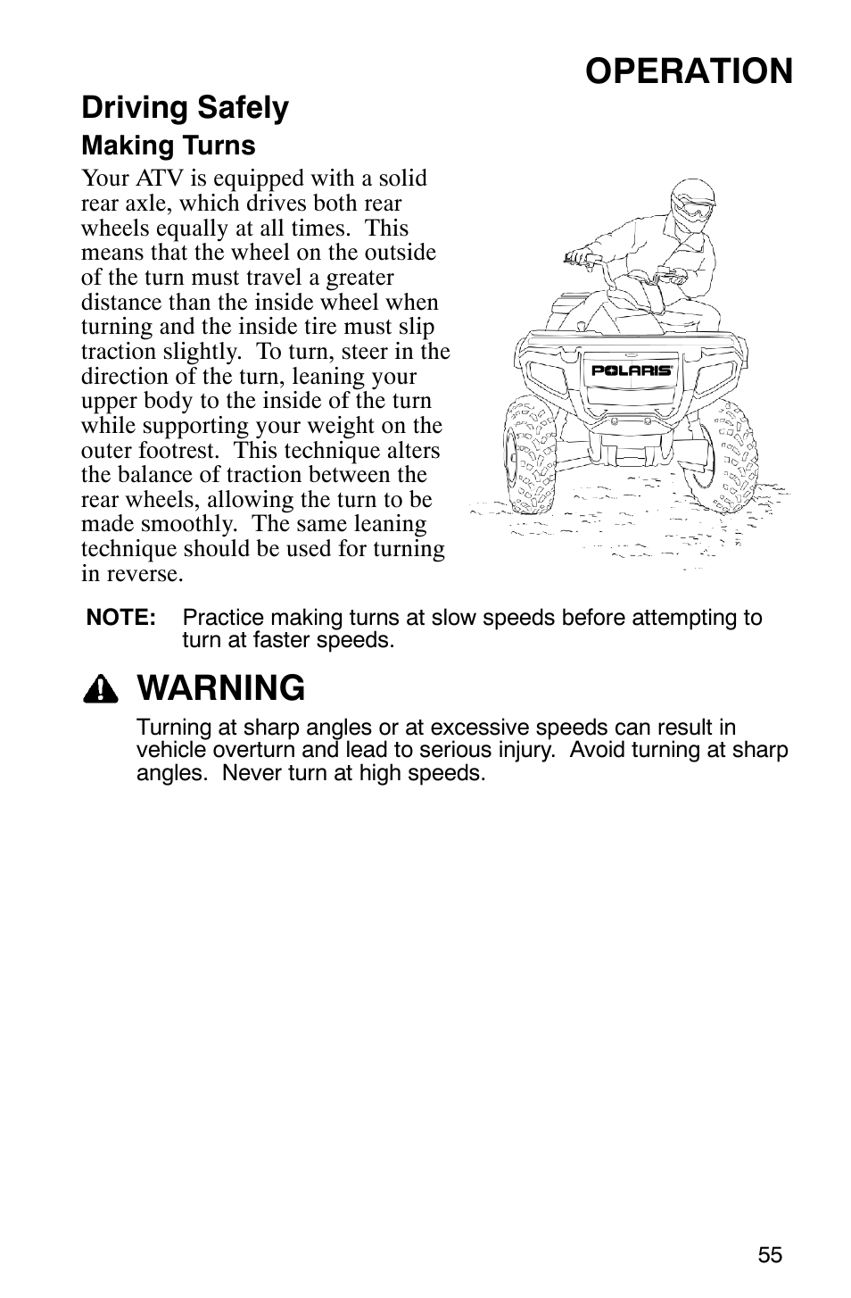 Operation, Warning, Driving safely | Polaris 9919412 User Manual | Page 58 / 135