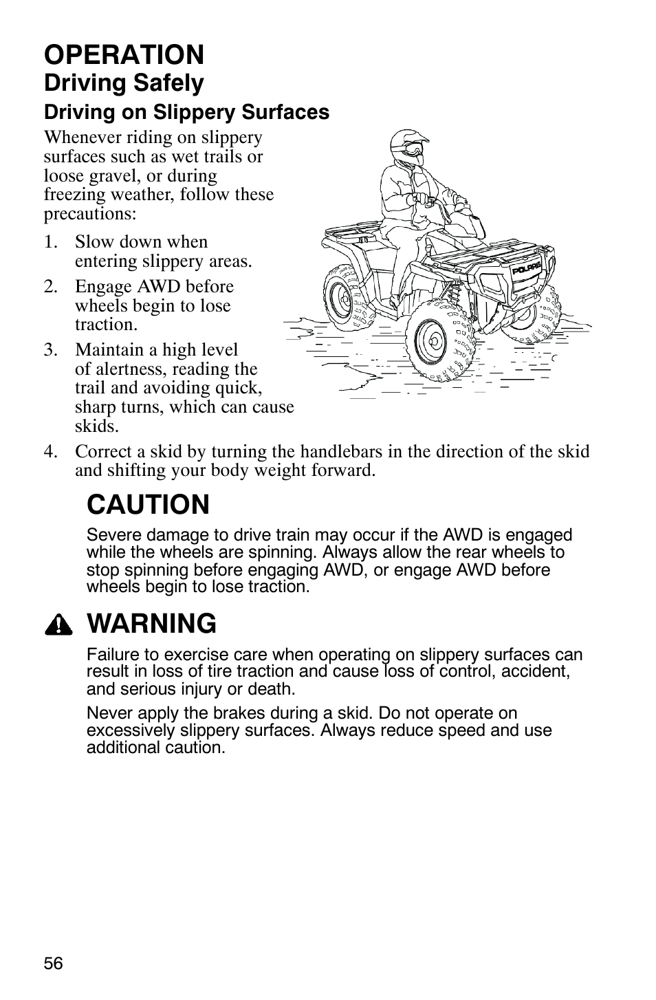 Operation, Caution, Warning | Driving safely | Polaris 9919412 User Manual | Page 59 / 135