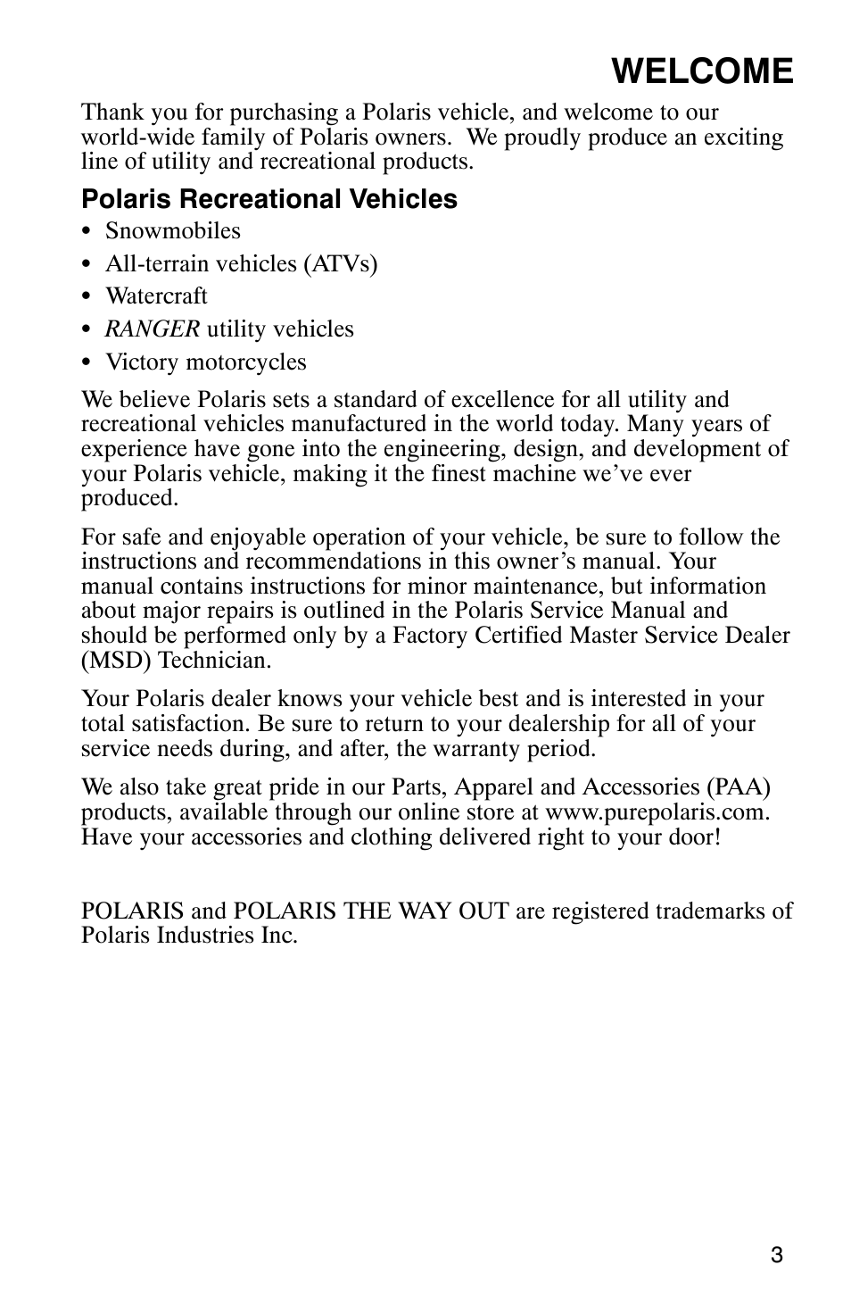 Welcome | Polaris 9919412 User Manual | Page 6 / 135