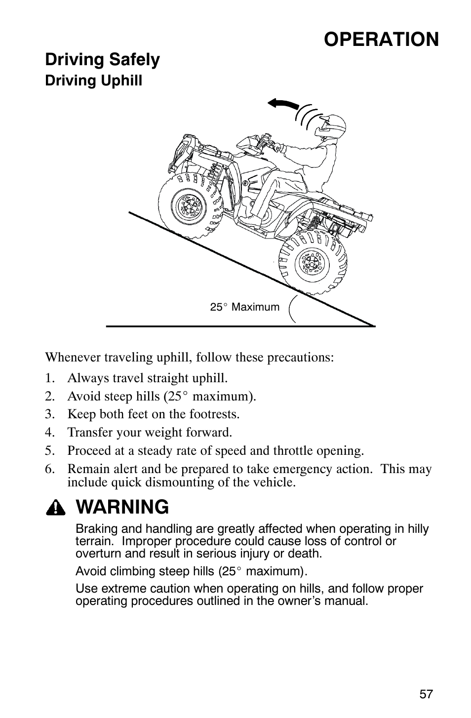 Operation, Warning, Driving safely | Polaris 9919412 User Manual | Page 60 / 135