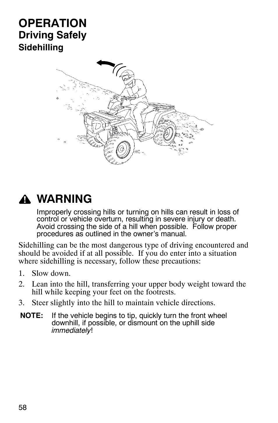 Operation, Warning, Driving safely | Polaris 9919412 User Manual | Page 61 / 135