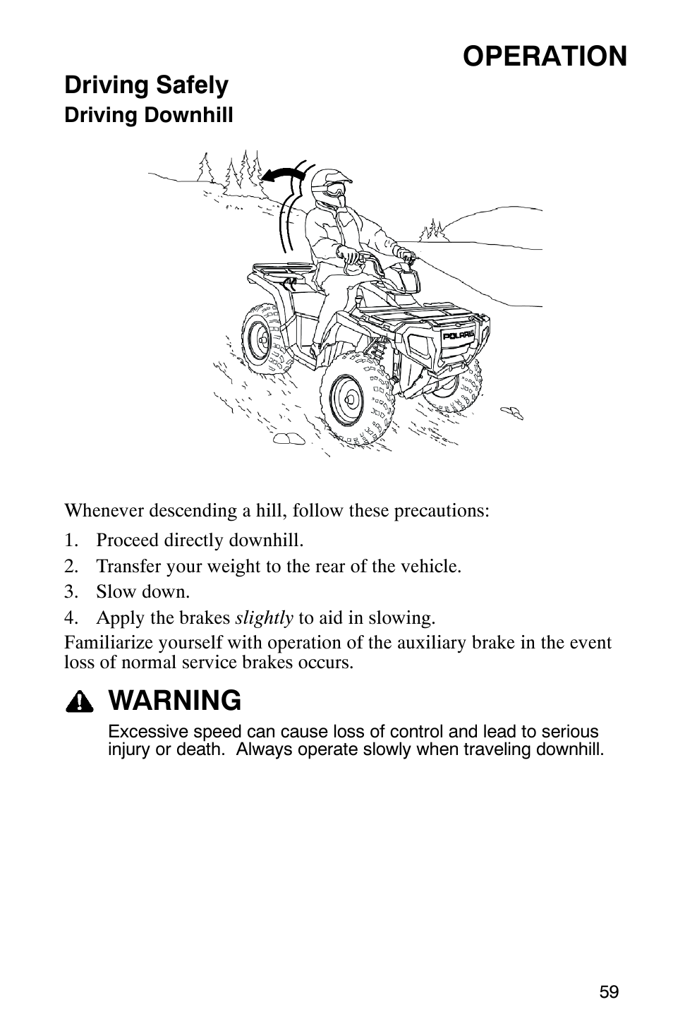 Operation, Warning, Driving safely | Polaris 9919412 User Manual | Page 62 / 135