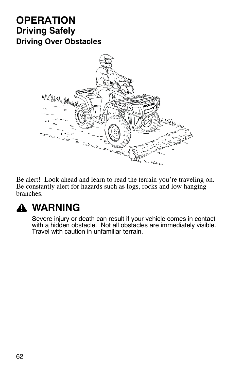 Operation, Warning, Driving safely | Polaris 9919412 User Manual | Page 65 / 135
