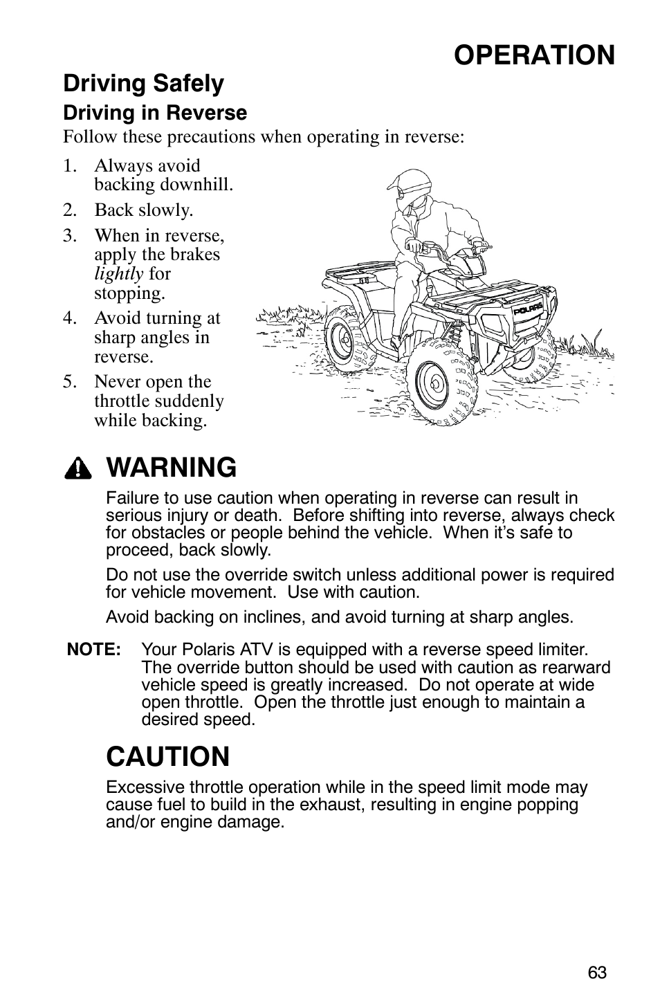Operation, Warning, Caution | Driving safely | Polaris 9919412 User Manual | Page 66 / 135
