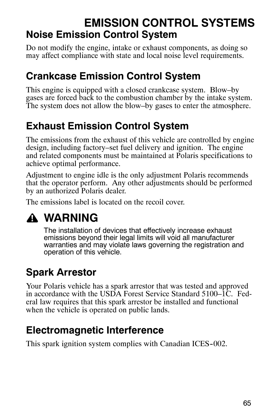 Emission control systems, Warning, Noise emission control system | Crankcase emission control system, Exhaust emission control system, Spark arrestor, Electromagnetic interference | Polaris 9919412 User Manual | Page 68 / 135