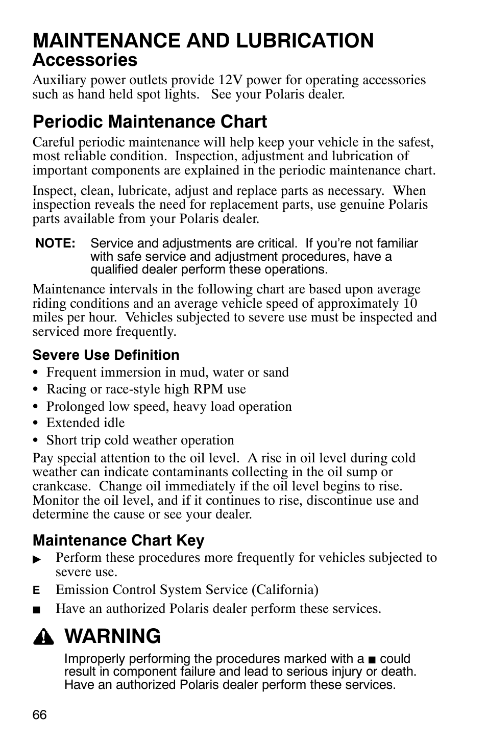 Maintenance and lubrication, Warning, Accessories | Periodic maintenance chart | Polaris 9919412 User Manual | Page 69 / 135