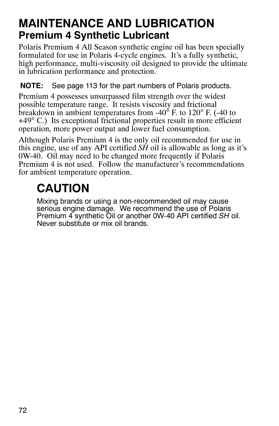 Maintenance and lubrication, Caution, Premium 4 synthetic lubricant | Polaris 9919412 User Manual | Page 75 / 135