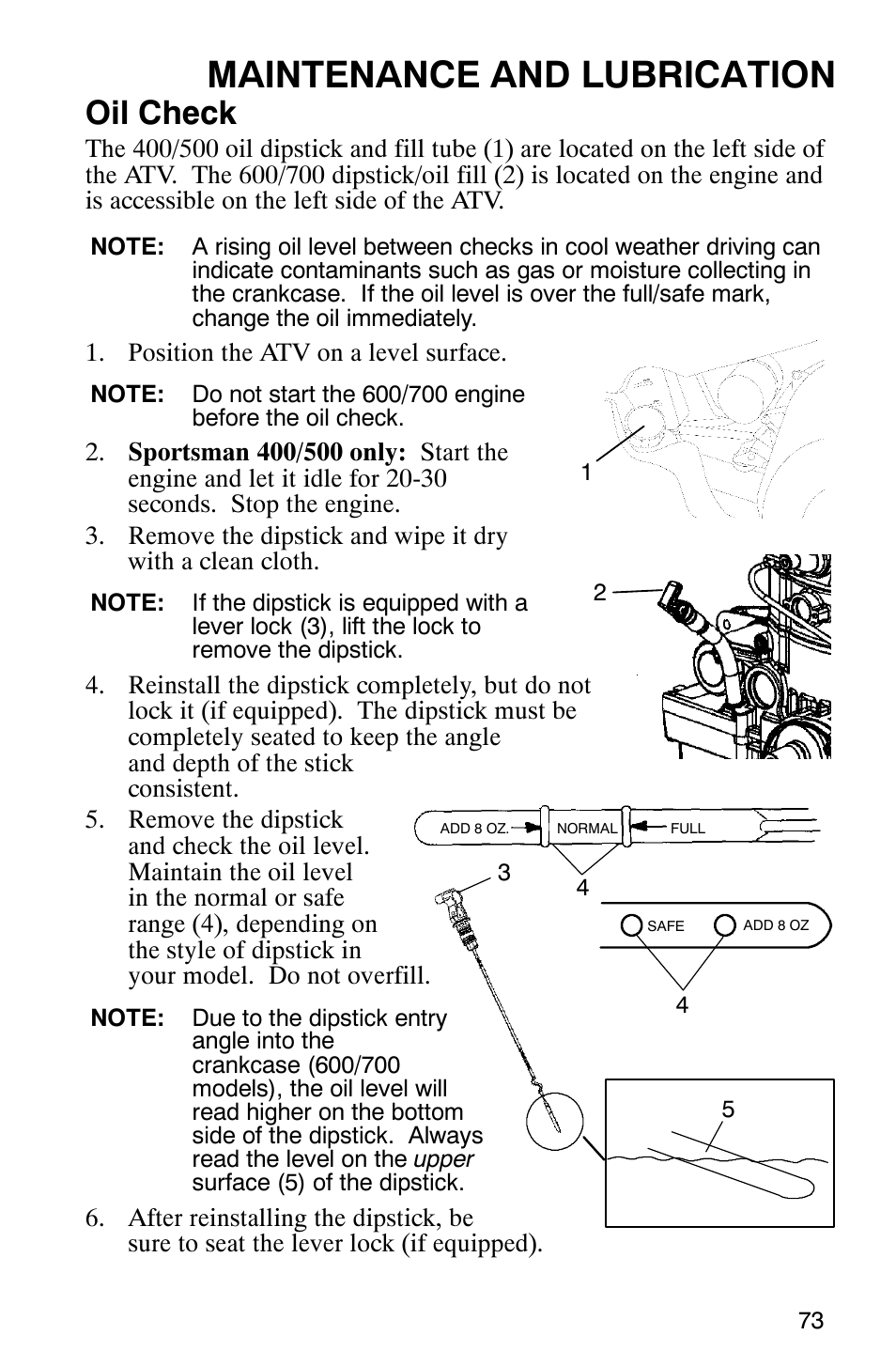 Maintenance and lubrication, Oil check | Polaris 9919412 User Manual | Page 76 / 135
