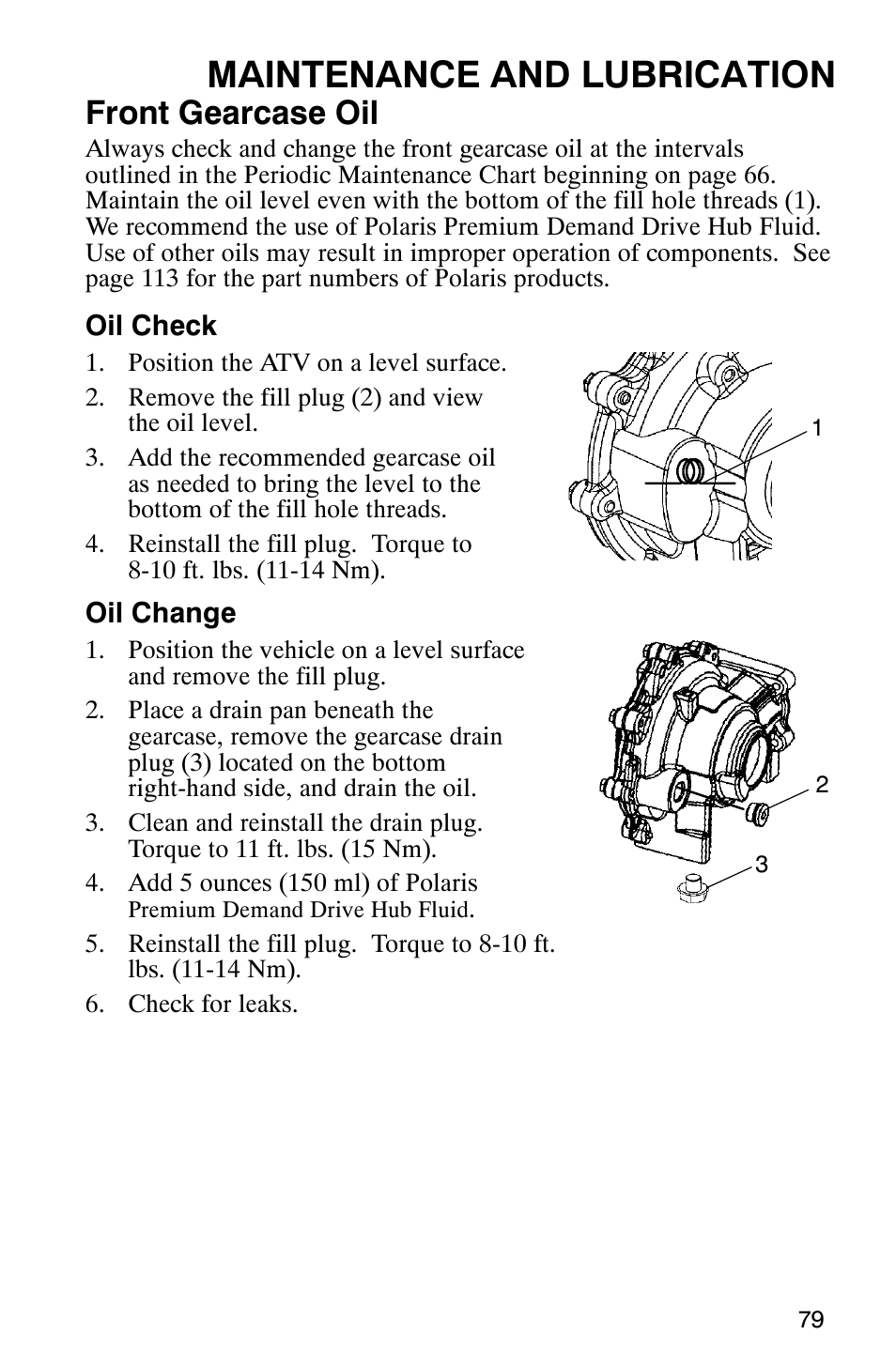 Maintenance and lubrication, Front gearcase oil | Polaris 9919412 User Manual | Page 82 / 135