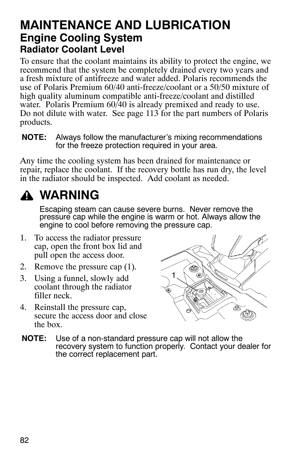 Maintenance and lubrication, Warning, Engine cooling system | Polaris 9919412 User Manual | Page 85 / 135