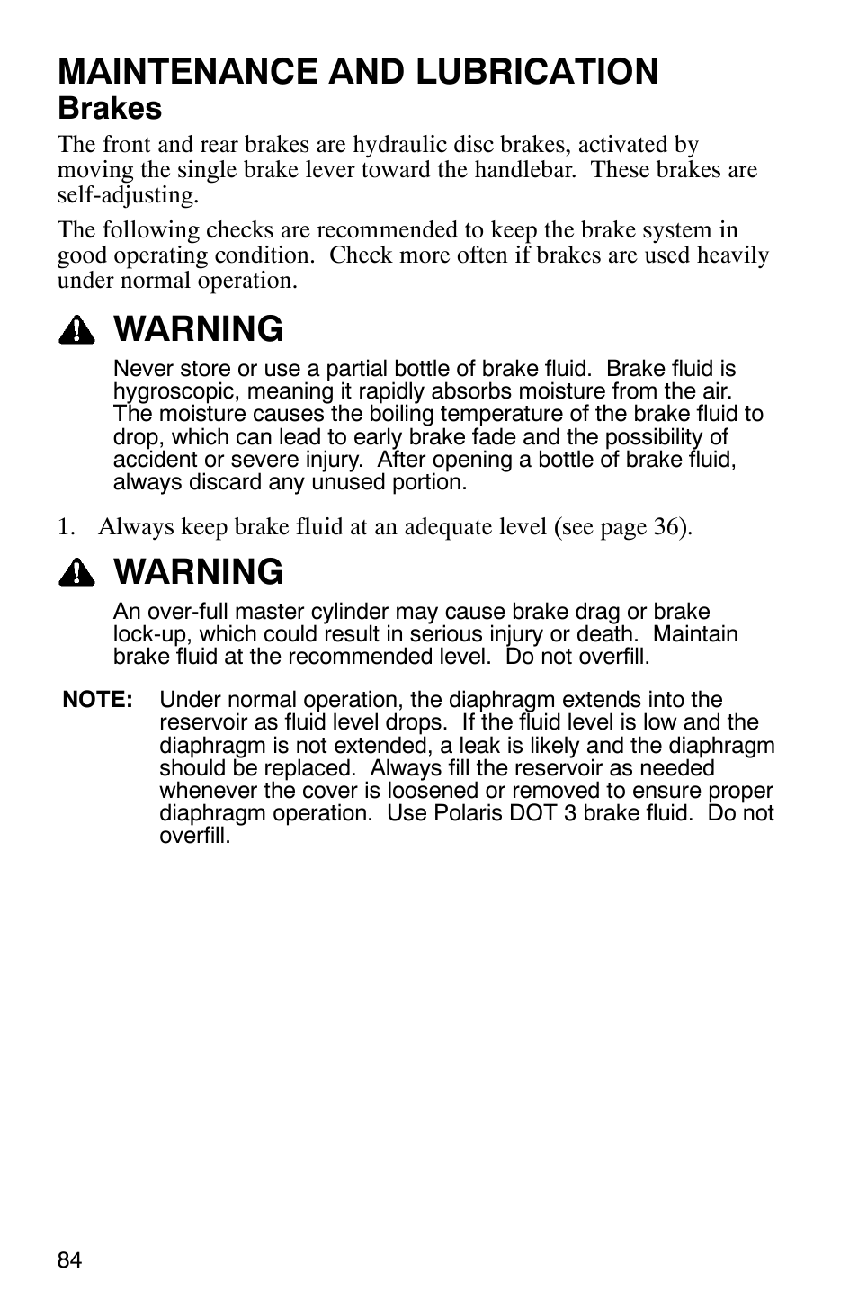 Maintenance and lubrication, Warning, Brakes | Polaris 9919412 User Manual | Page 87 / 135