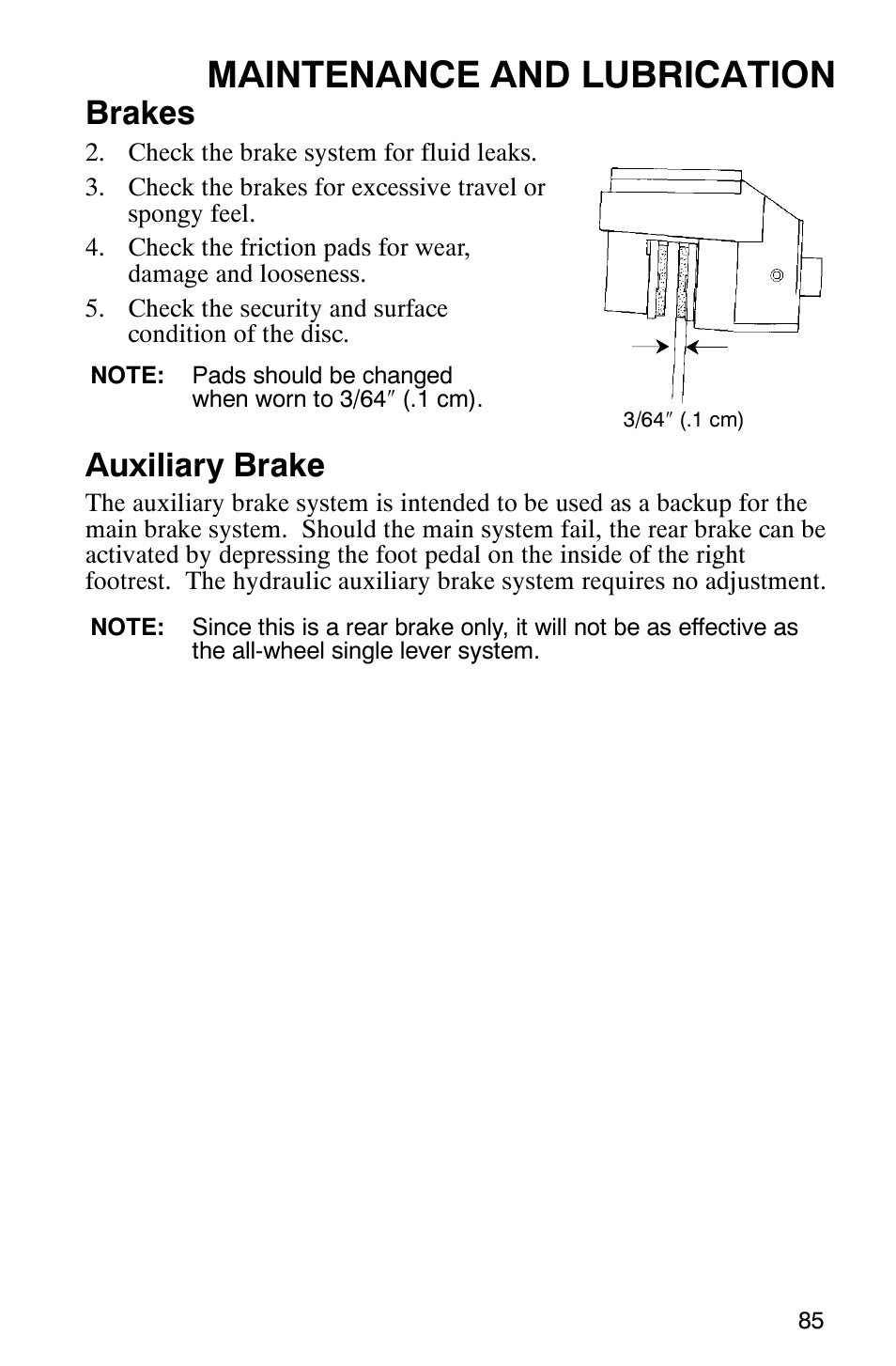 Maintenance and lubrication, Brakes, Auxiliary brake | Polaris 9919412 User Manual | Page 88 / 135