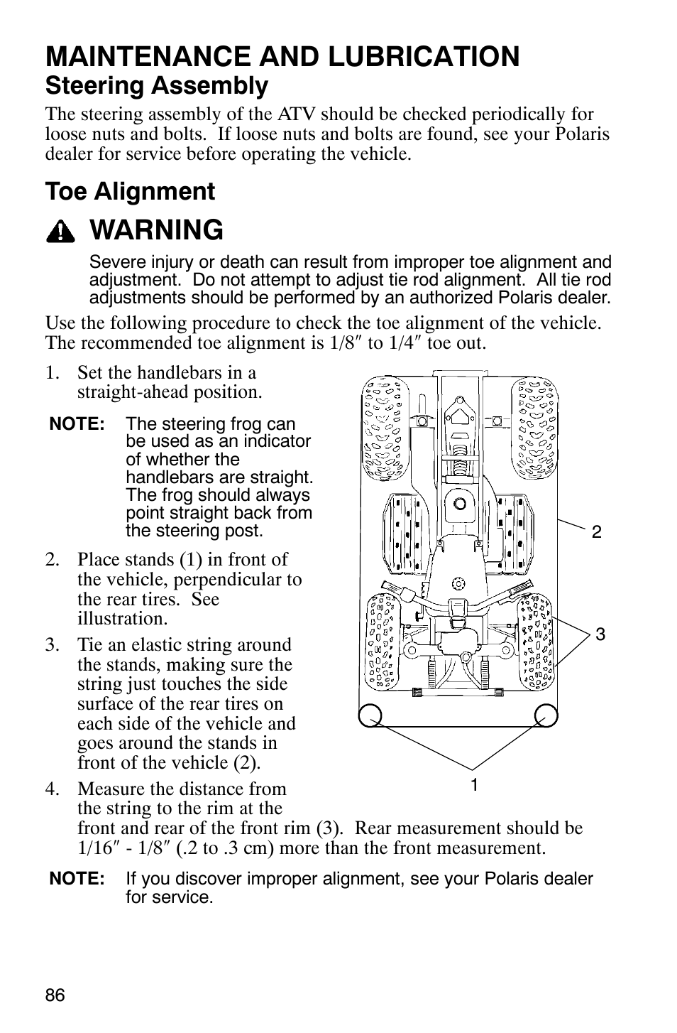 Maintenance and lubrication, Warning, Steering assembly | Toe alignment | Polaris 9919412 User Manual | Page 89 / 135