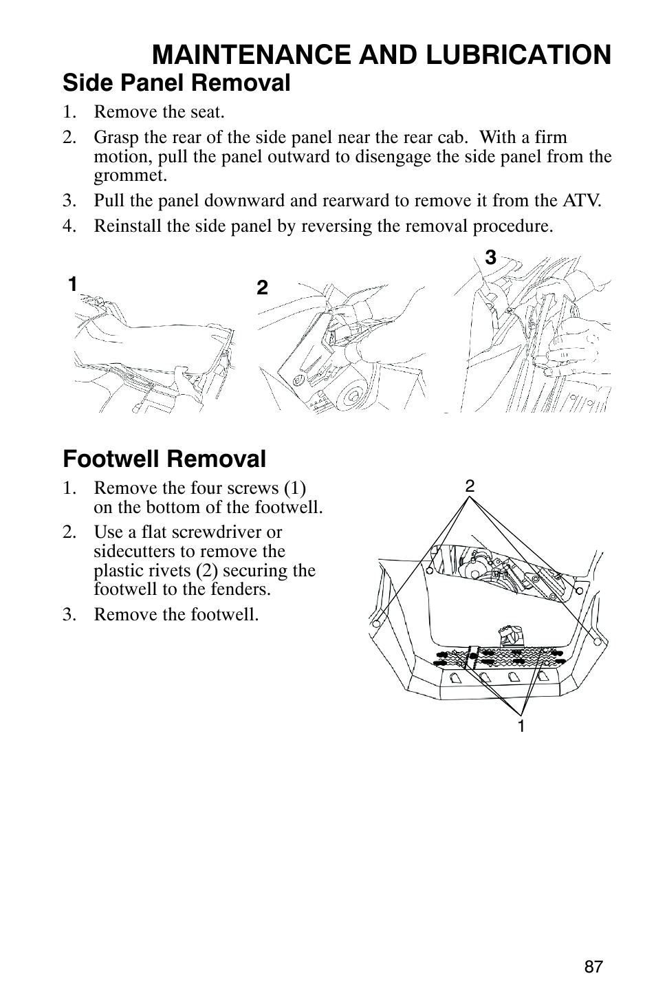 Maintenance and lubrication, Side panel removal, Footwell removal | Polaris 9919412 User Manual | Page 90 / 135