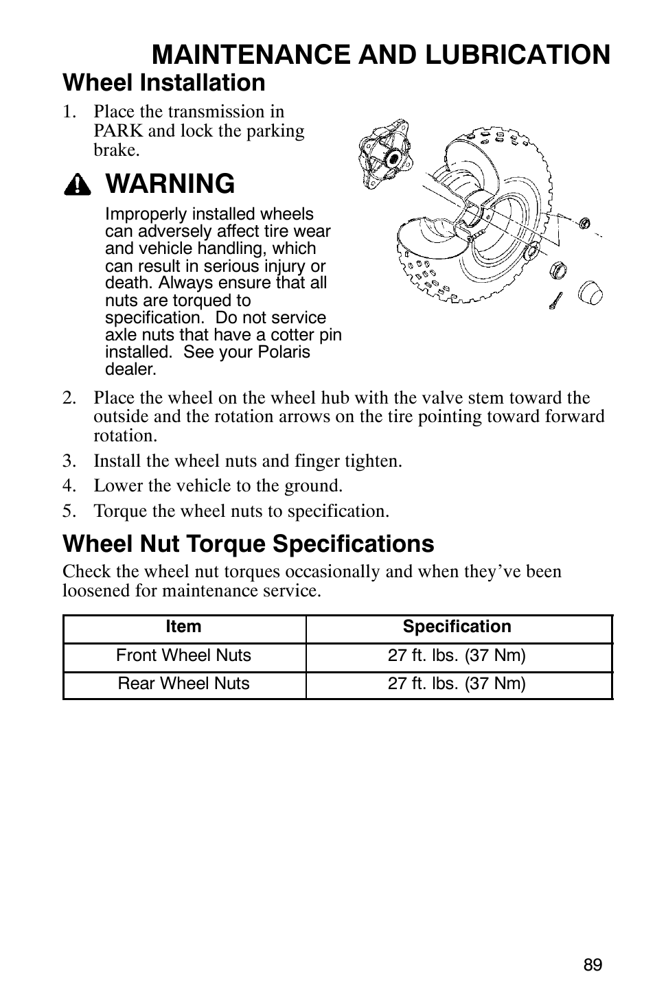 Maintenance and lubrication, Warning, Wheel installation | Wheel nut torque specifications | Polaris 9919412 User Manual | Page 92 / 135