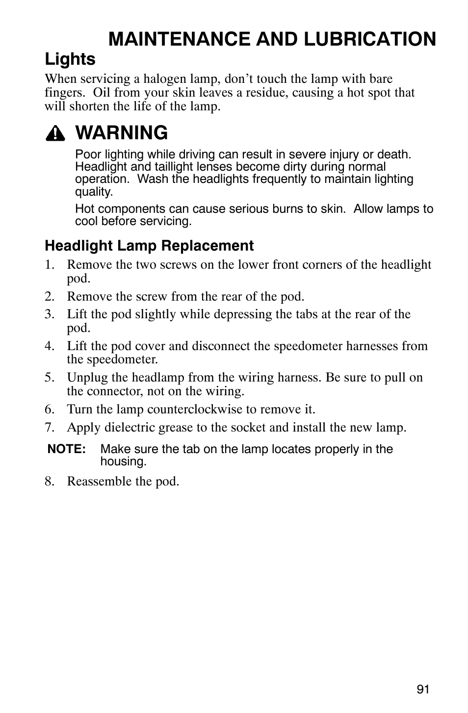 Maintenance and lubrication, Warning, Lights | Polaris 9919412 User Manual | Page 94 / 135