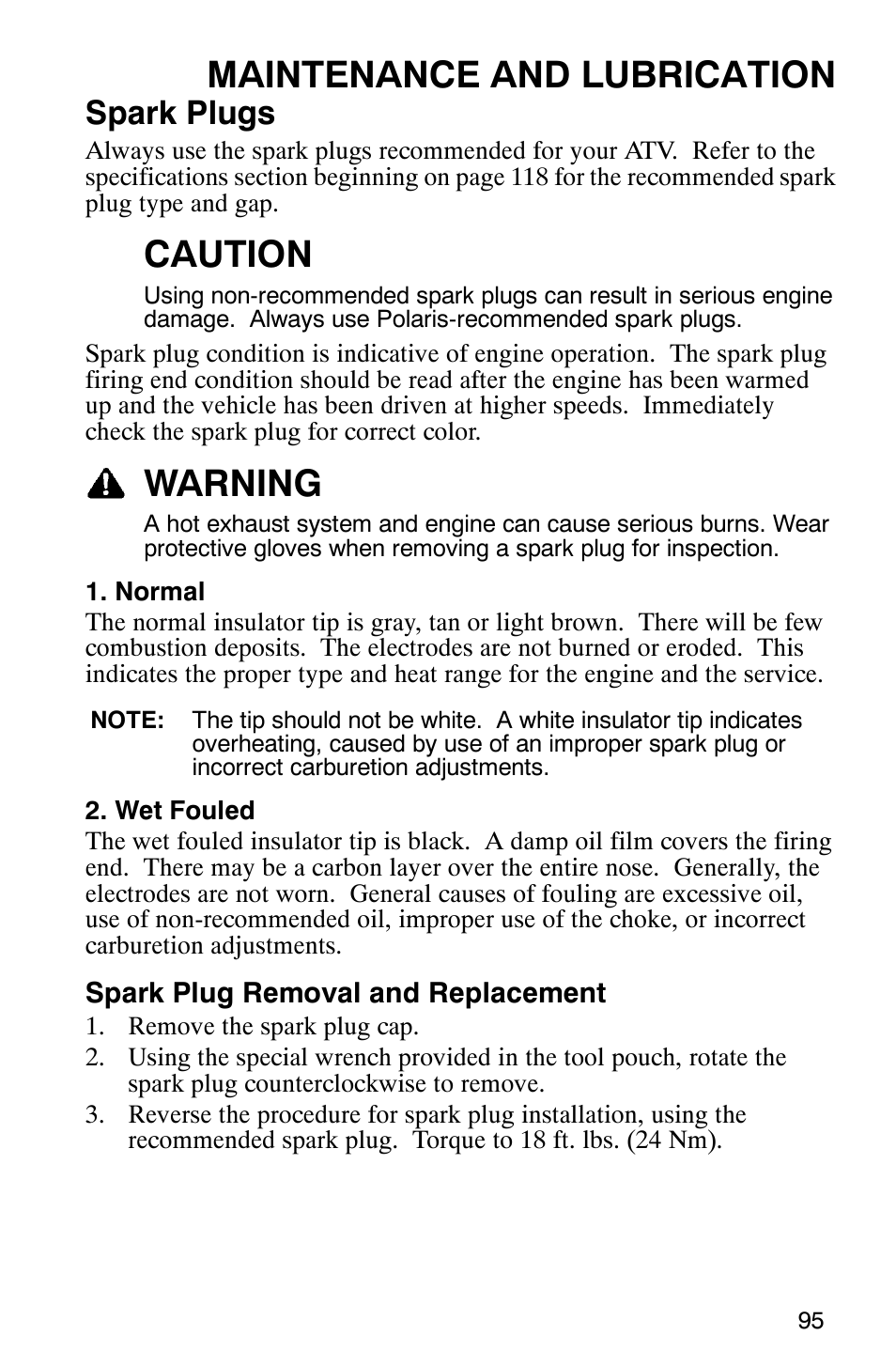 Maintenance and lubrication, Caution, Warning | Spark plugs | Polaris 9919412 User Manual | Page 98 / 135
