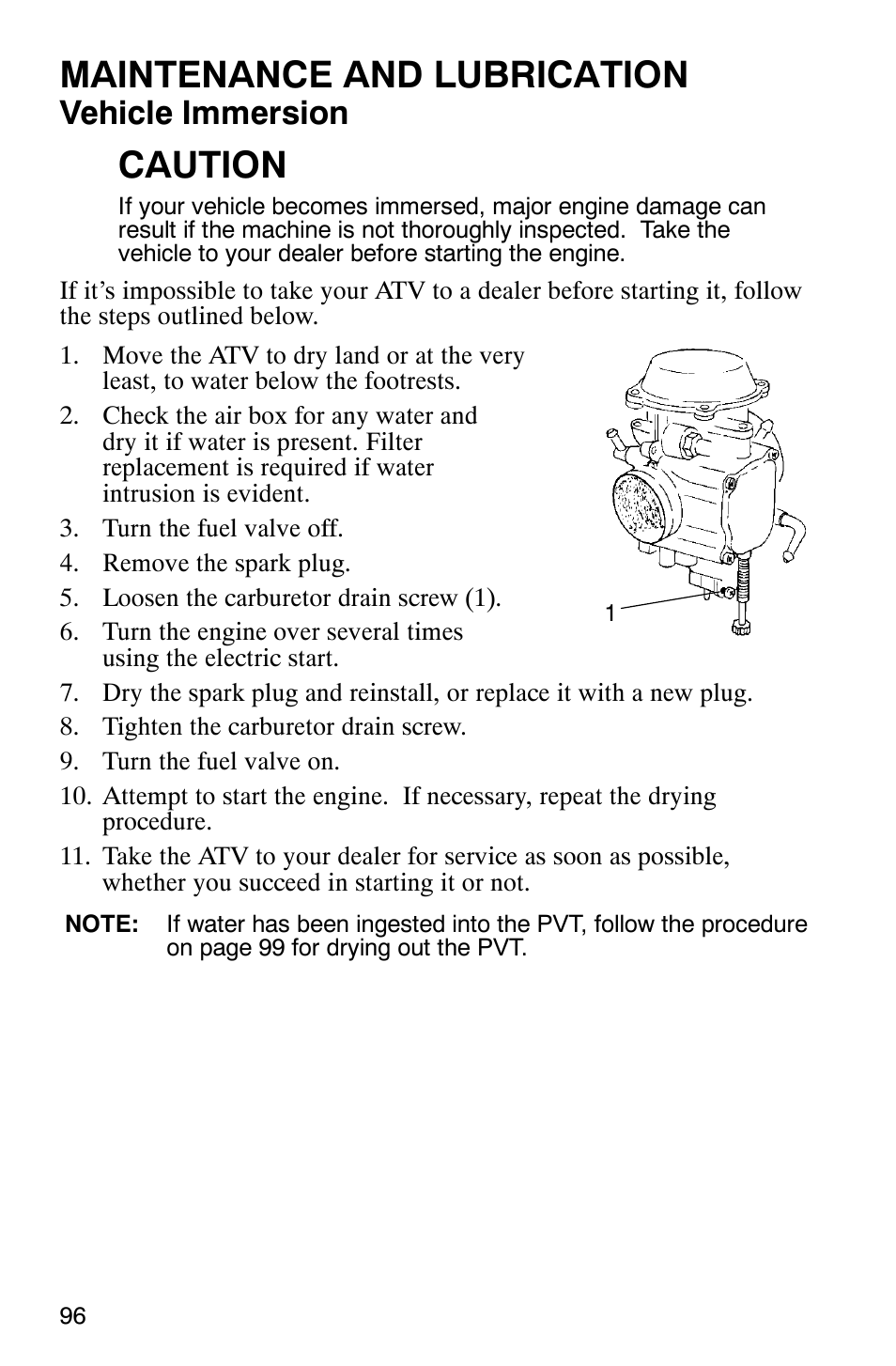 Maintenance and lubrication, Caution, Vehicle immersion | Polaris 9919412 User Manual | Page 99 / 135