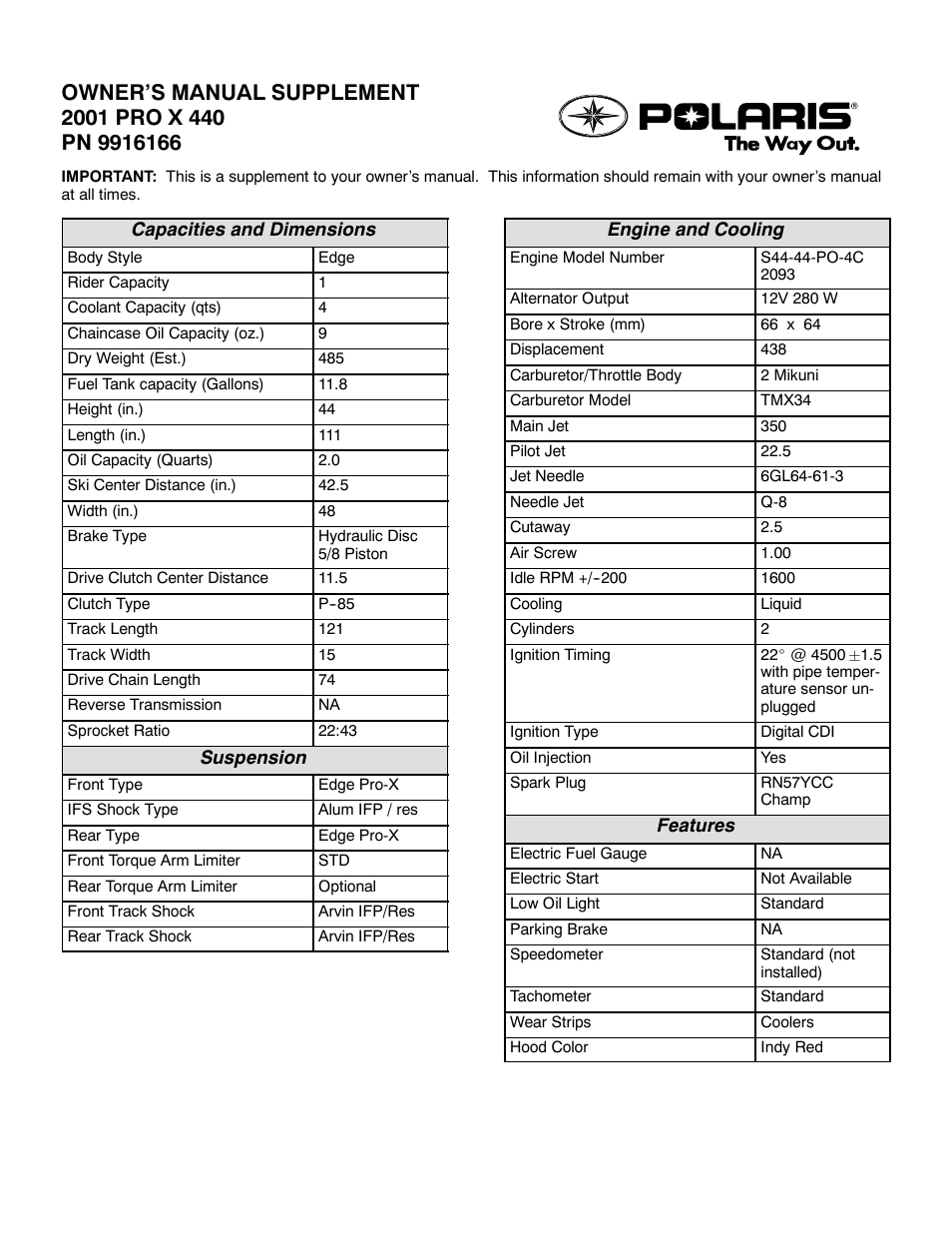 Polaris 2001 PRO X 440 User Manual | 4 pages