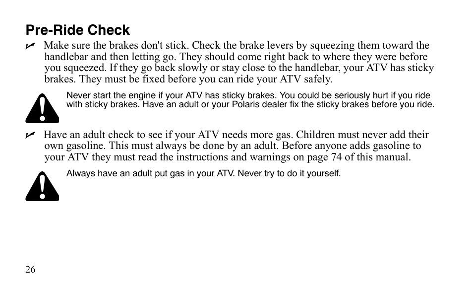 Pre-ride check | Polaris Predator 9920872 User Manual | Page 29 / 199