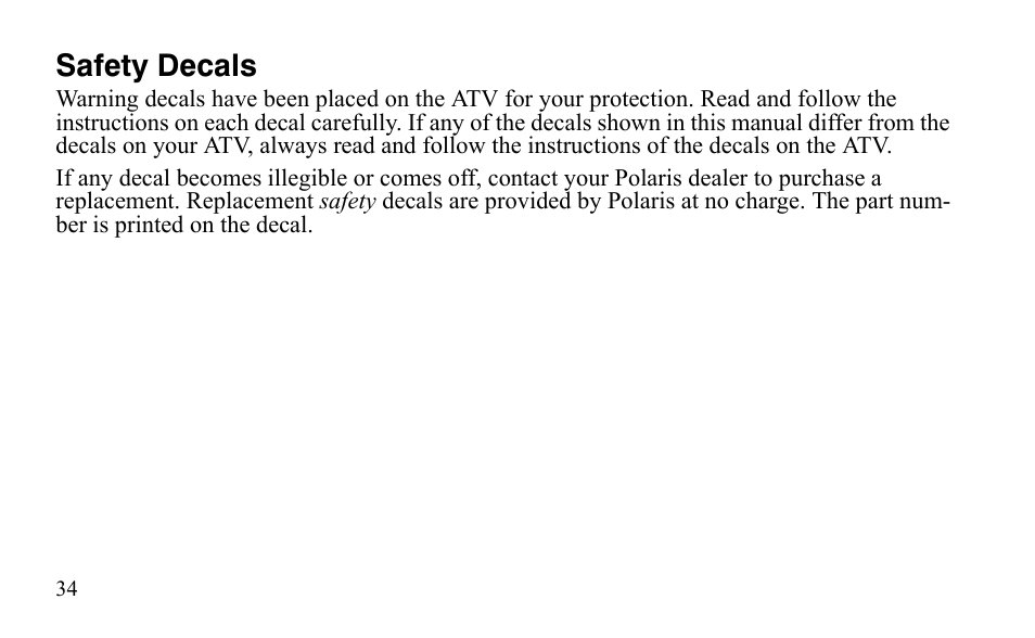 Safety decals | Polaris Predator 9920872 User Manual | Page 37 / 199