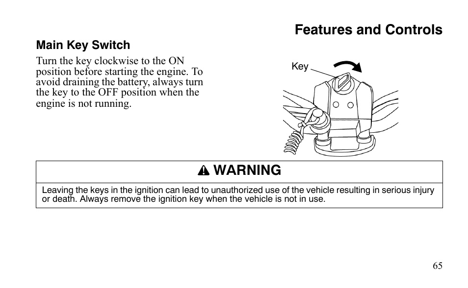 Features and controls, Warning | Polaris Predator 9920872 User Manual | Page 68 / 199