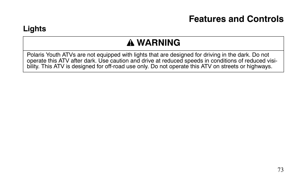 Features and controls, Warning | Polaris Predator 9920872 User Manual | Page 76 / 199