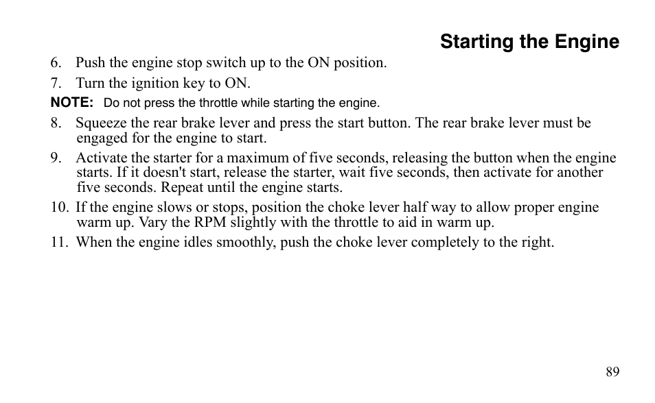 Starting the engine | Polaris Predator 9920872 User Manual | Page 92 / 199