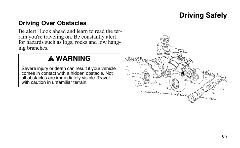 Driving safely, Warning | Polaris Predator 9920872 User Manual | Page 98 / 199