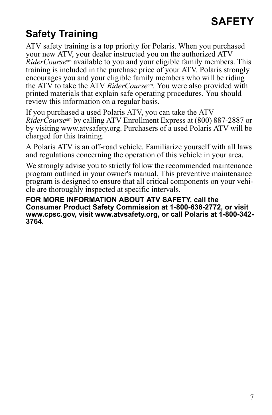 Safety, Safety training | Polaris Scrambler 9921777 User Manual | Page 10 / 131