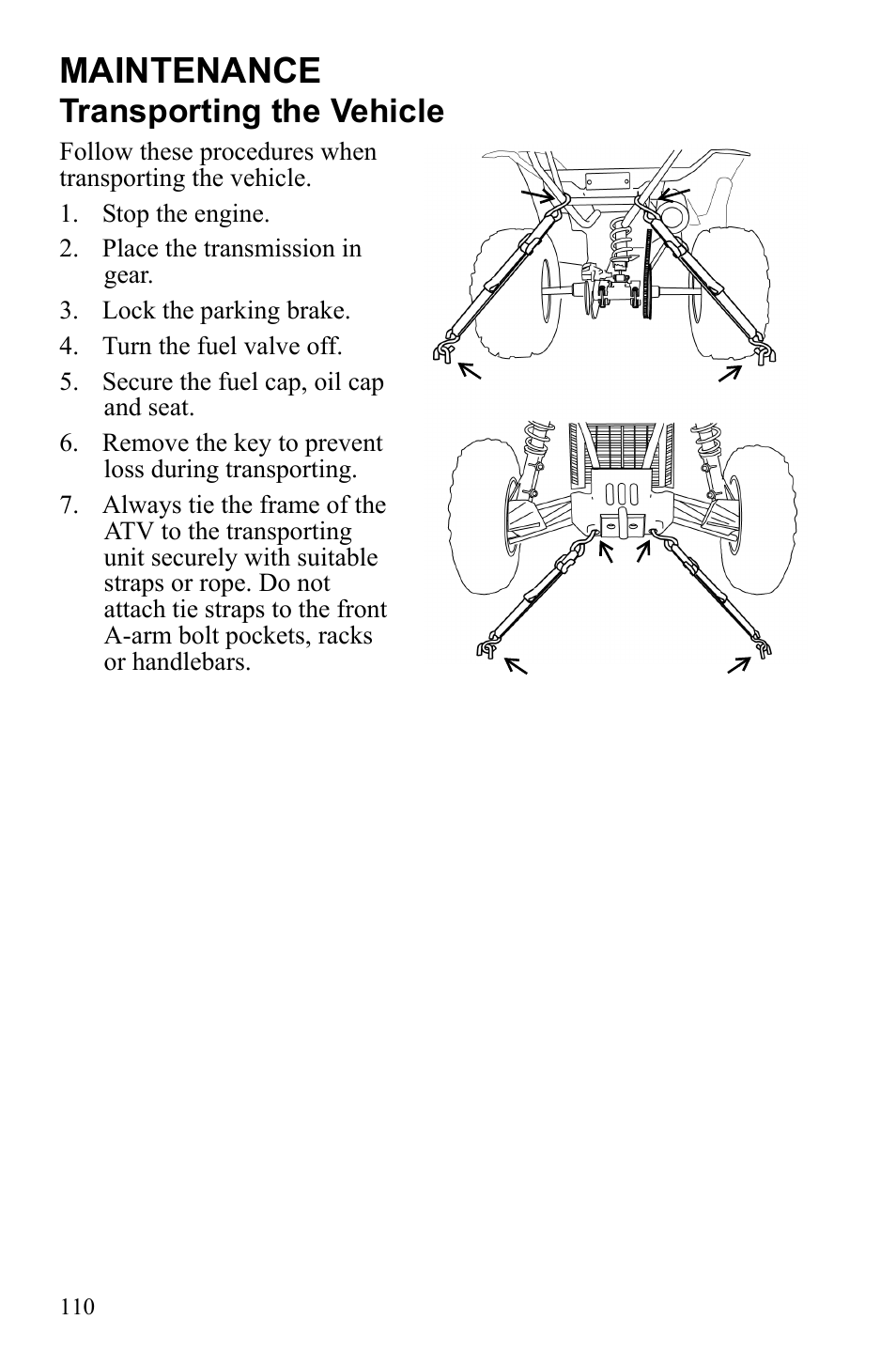 Maintenance, Transporting the vehicle | Polaris Scrambler 9921777 User Manual | Page 113 / 131