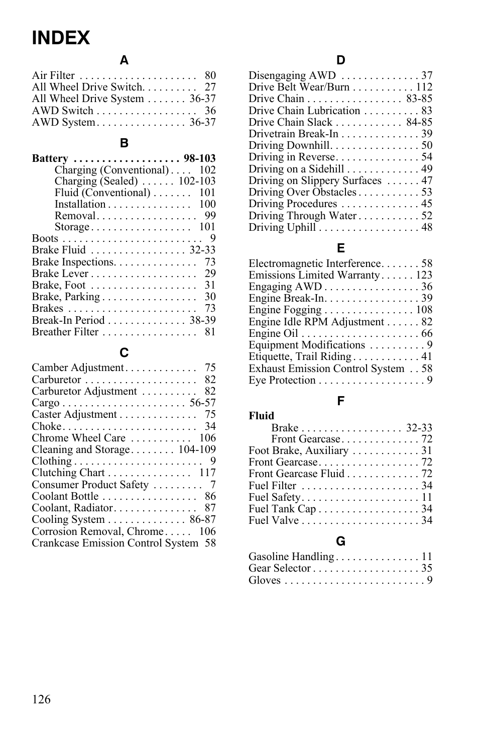 Index | Polaris Scrambler 9921777 User Manual | Page 129 / 131